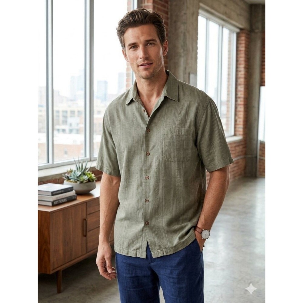Tommy Bahama Olive Green Camp Button Up 100% Silk Size XL